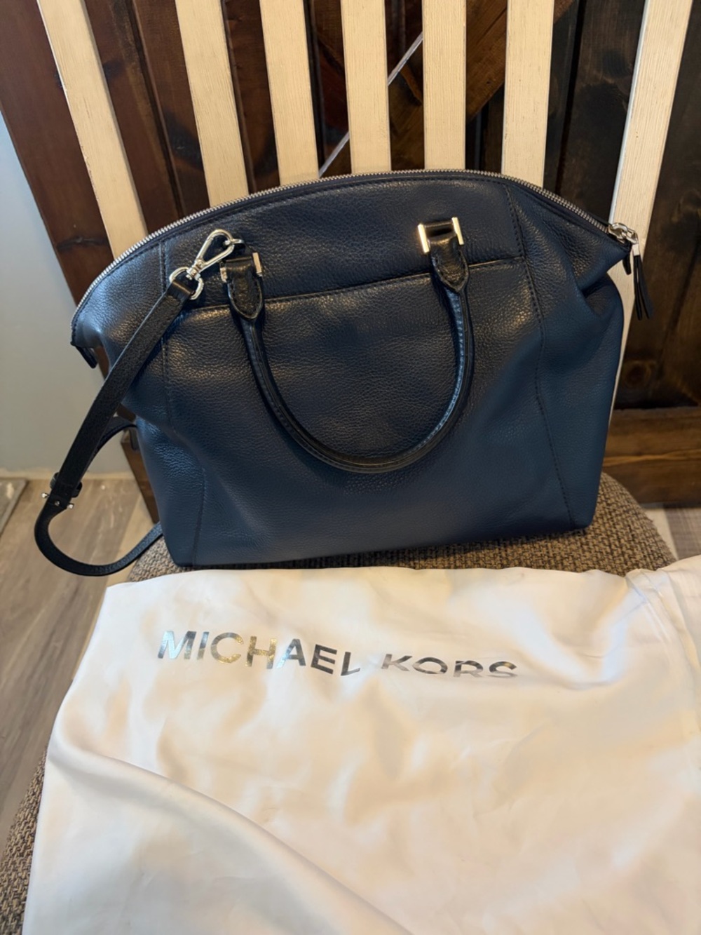 Michael Kors Dark Navy Pebbled Leather Satchel with Silver Hardware - Picture 9 of 10